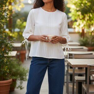 (E-124)Treean Women’s White Textured Blouse Top Size M 3/4 Tie Sleeves Made in K